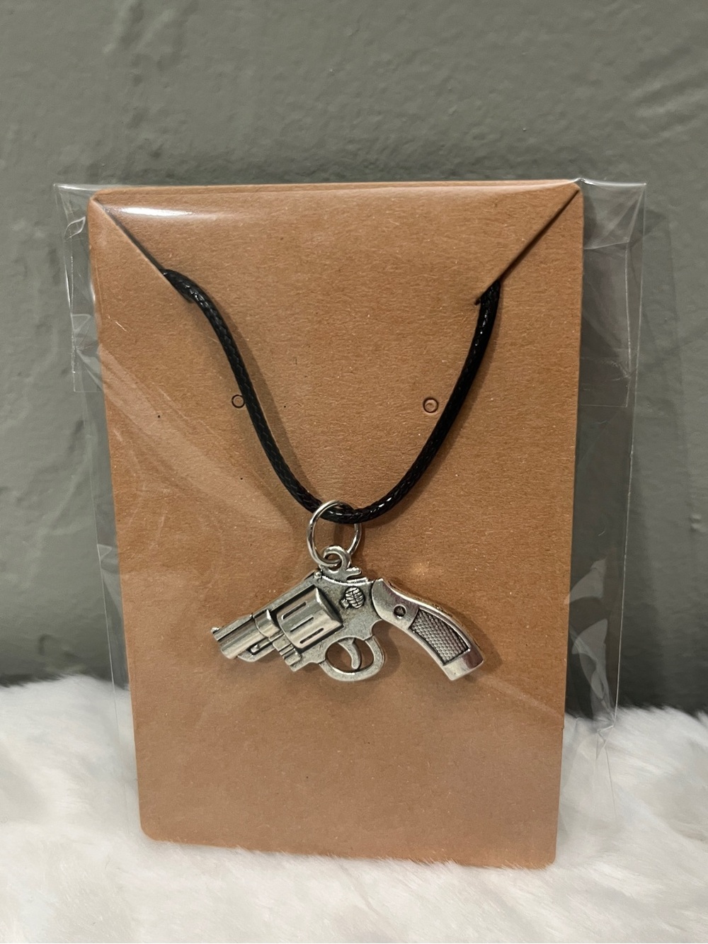 Silver Revolver Pendant Necklace with Black Waxed Cord